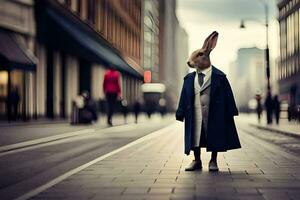 une lapin habillé dans une costume et attacher des stands sur une rue. généré par ai photo
