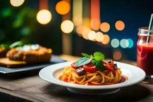 spaghetti avec tomate sauce et pain sur une en bois tableau. généré par ai photo