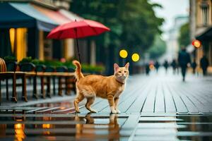 un Orange chat en marchant sur une humide rue avec un parapluie. généré par ai photo