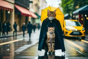 une chat dans une manteau et une Jaune parapluie. généré par ai photo