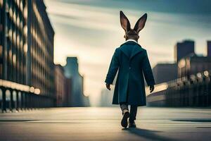 une lapin portant une manteau et chapeau des promenades vers le bas une rue. généré par ai photo