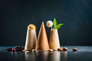 Trois cônes avec la glace crème et des noisettes sur une foncé Contexte. généré par ai photo
