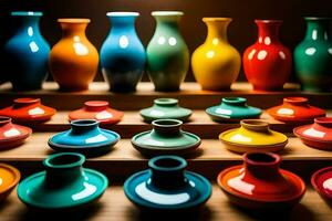 coloré des vases sur une en bois étagère. généré par ai photo