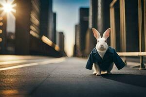 une lapin portant une costume et attacher permanent dans le milieu de une ville rue. généré par ai photo