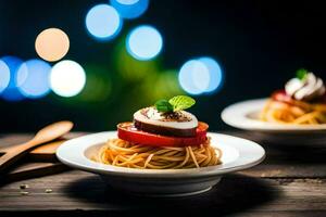 spaghetti avec tomate et mozzarella sur une en bois tableau. généré par ai photo