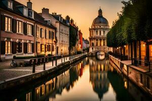 une canal dans le milieu de une ville avec bâtiments et une dôme. généré par ai photo