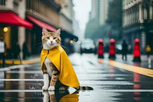 une chat portant une Jaune imperméable sur une pluvieux rue. généré par ai photo