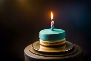 bleu anniversaire gâteau avec une Célibataire bougie. généré par ai photo