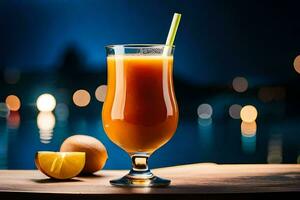 une verre de Orange jus avec une paille. généré par ai photo