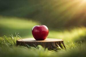 un Pomme est assis sur Haut de une souche dans une champ. généré par ai photo