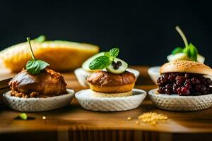 une variété de mini desserts sur une en bois plateau. généré par ai photo