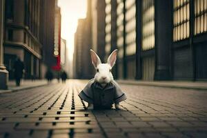 une lapin dans une costume est permanent sur une rue. généré par ai photo