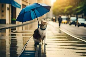 une chat est permanent sur une humide rue avec un parapluie. généré par ai photo