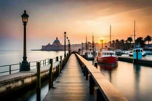 une jetée avec bateaux amarré à le coucher du soleil. généré par ai photo