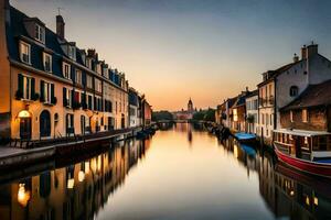 une canal dans le milieu de une ville à le coucher du soleil. généré par ai photo