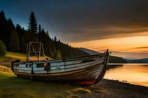 une bateau est assis sur le rive de une Lac à le coucher du soleil. généré par ai photo