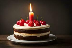 une anniversaire gâteau avec une Célibataire bougie. généré par ai photo