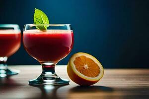 deux des lunettes de jus avec un Orange tranche. généré par ai photo