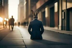 une homme dans une costume et lapin oreilles séance sur le trottoir. généré par ai photo