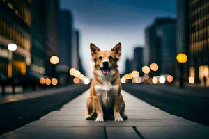 une chien séance sur le rue dans le ville. généré par ai photo