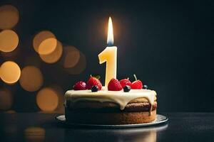 une anniversaire gâteau avec une Célibataire bougie sur Haut. généré par ai photo