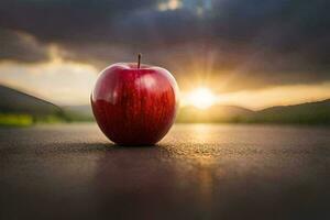 un Pomme est séance sur le route à le coucher du soleil. généré par ai photo