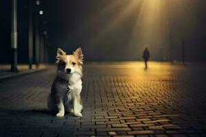 une chien séance sur le rue à nuit. généré par ai photo