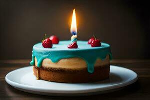une bleu gâteau avec une Célibataire bougie sur Haut. généré par ai photo
