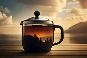 une tasse de thé sur une en bois table avec une vue de le montagnes. généré par ai photo