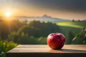 Pomme sur le table dans le le coucher du soleil. généré par ai photo