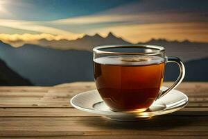 une tasse de thé sur une en bois table avec montagnes dans le Contexte. généré par ai photo