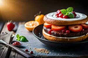 une Hamburger avec des fraises et crème sur une plaque. généré par ai photo