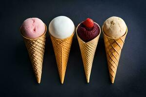 cinq différent la glace crème cônes avec différent les saveurs. généré par ai photo