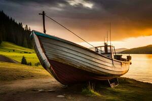 un vieux bateau est assis sur le rive de une Lac à le coucher du soleil. généré par ai photo