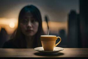 une femme est assis à une table avec une tasse de café. généré par ai photo