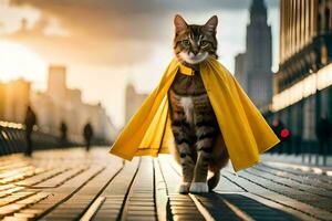 une chat portant une Jaune cap des promenades vers le bas une rue. généré par ai photo