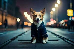 une chien portant une veste séance sur une train piste. généré par ai photo