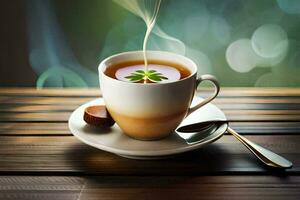 une tasse de thé avec une feuille sur le soucoupe. généré par ai photo