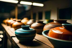 une rangée de coloré poterie des vases sur une en bois étagère. généré par ai photo