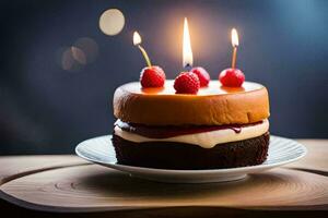 une anniversaire gâteau avec bougies sur Haut. généré par ai photo