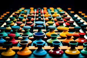 une coloré ensemble de des vases sur une tableau. généré par ai photo