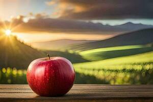 un Pomme est assis sur une en bois table dans de face de une scénique voir. généré par ai photo