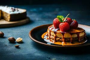 une dessert avec des fraises et des noisettes sur une plaque. généré par ai photo