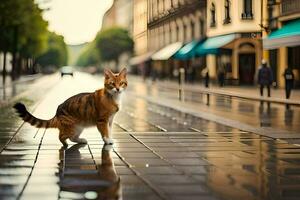 une chat en marchant sur une humide rue dans le pluie. généré par ai photo
