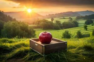 Pomme dans une boîte sur une flanc de coteau. généré par ai photo