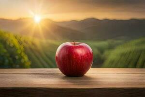 un Pomme est assis sur une en bois table dans de face de une vignoble. généré par ai photo