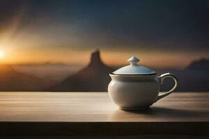 une café tasse est assis sur une table dans de face de une Montagne. généré par ai photo