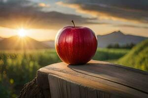 un Pomme est assis sur une souche dans de face de une le coucher du soleil. généré par ai photo