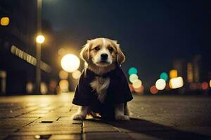 une chien dans une manteau séance sur le rue à nuit. généré par ai photo