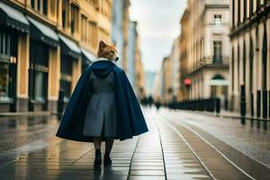 une femme dans une bleu manteau et chapeau en marchant vers le bas une rue. généré par ai photo